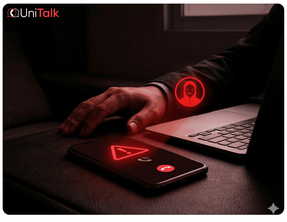 Fraudulent call with number spoofing on a smartphone screen (vishing) - Unitalk Blog