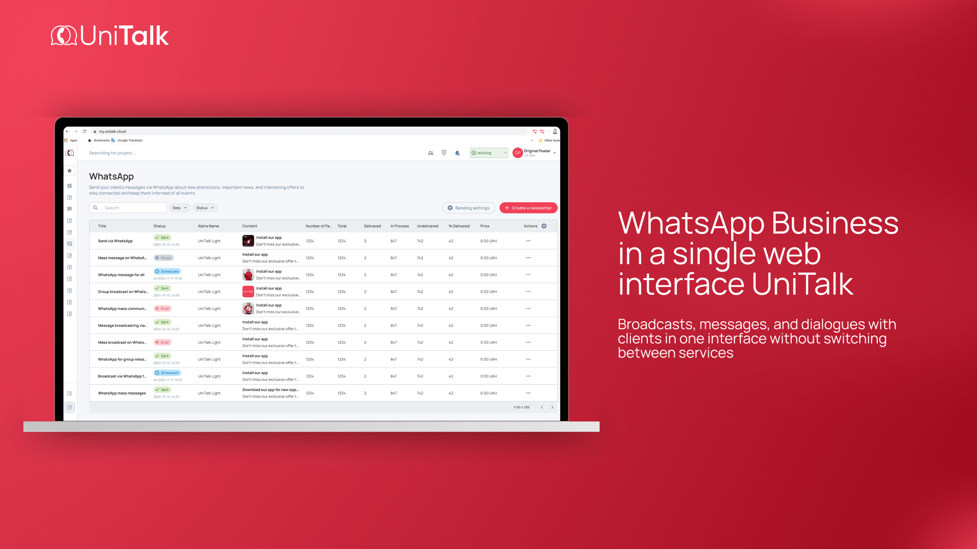 UniTalk interface with WhatsApp support for broadcasts and customer communication — UniTalk blog
