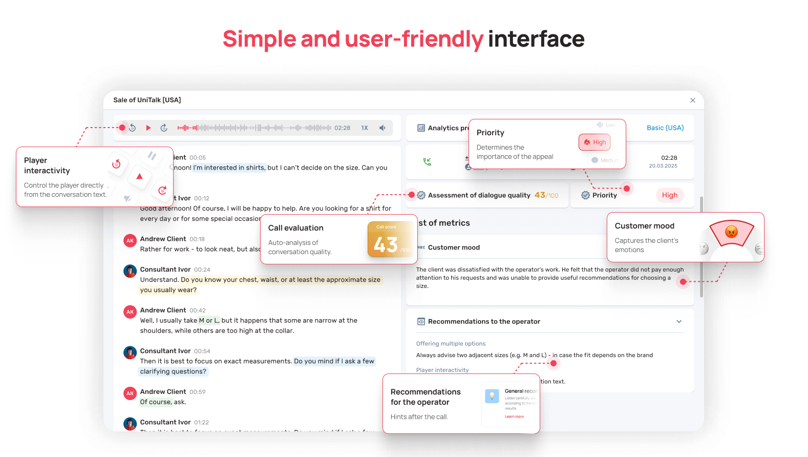AI analytics interface: call score, transcript, conversation topics - UniTalk Blog